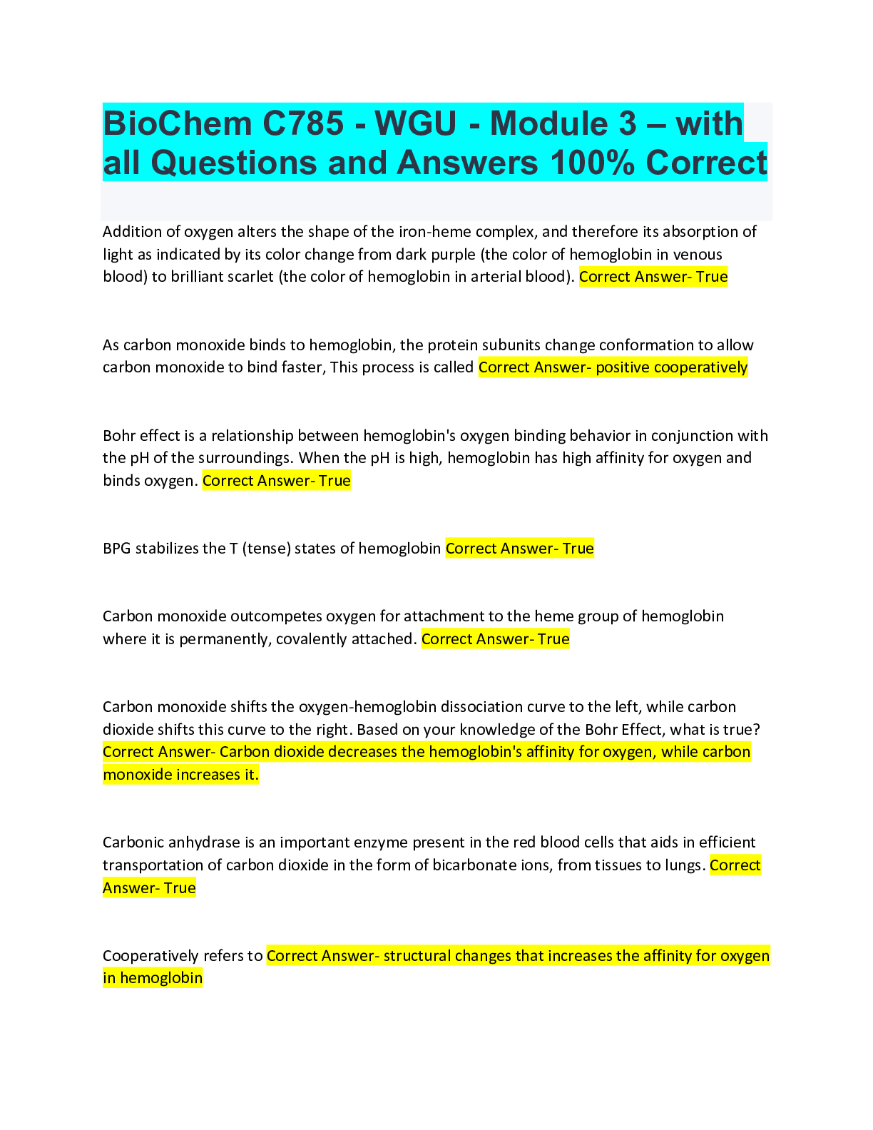 Preview image for BioChem C785 - WGU - Module 3 – with all Questions and Answers 100% Correct